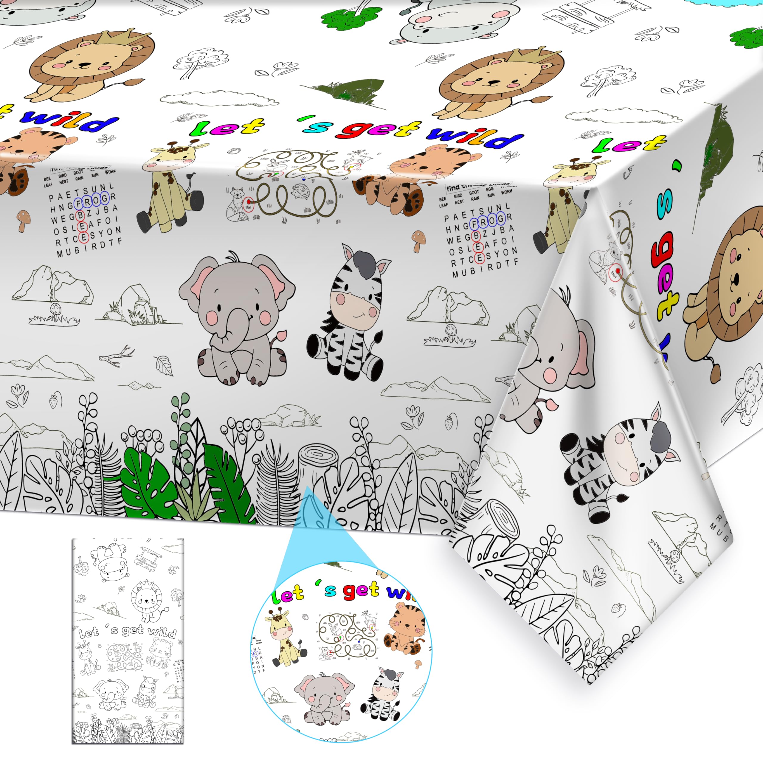 PartyGarden giant jungle coloring tablecloth ready for coloring at mealtime.