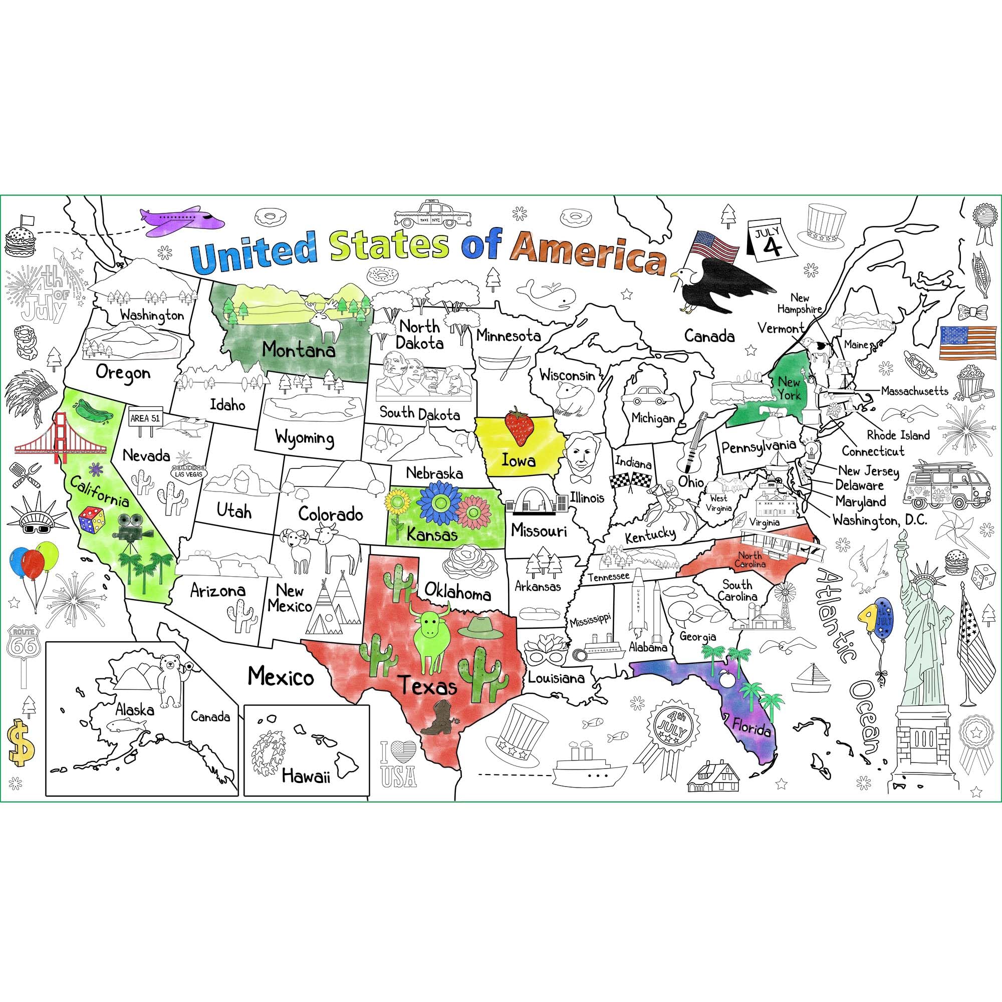 PartyGarden US Map Coloring Poster full map shows detailed states for interactive learning