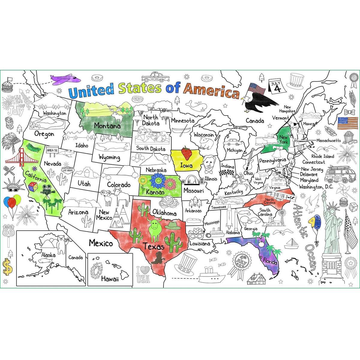 PartyGarden US Map Coloring Poster full map shows detailed states for interactive learning