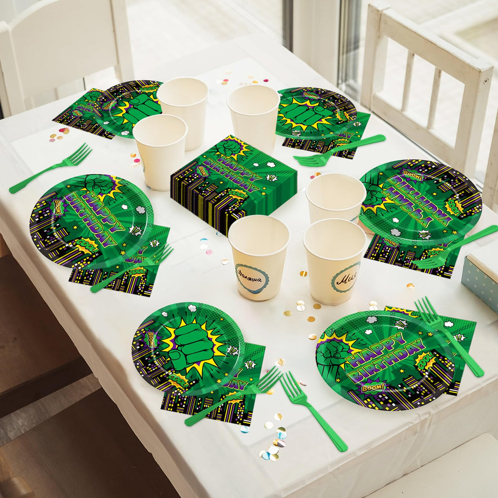 Party Greeting Green Hero city silhouettes create a superhero vibe for themed celebrations.