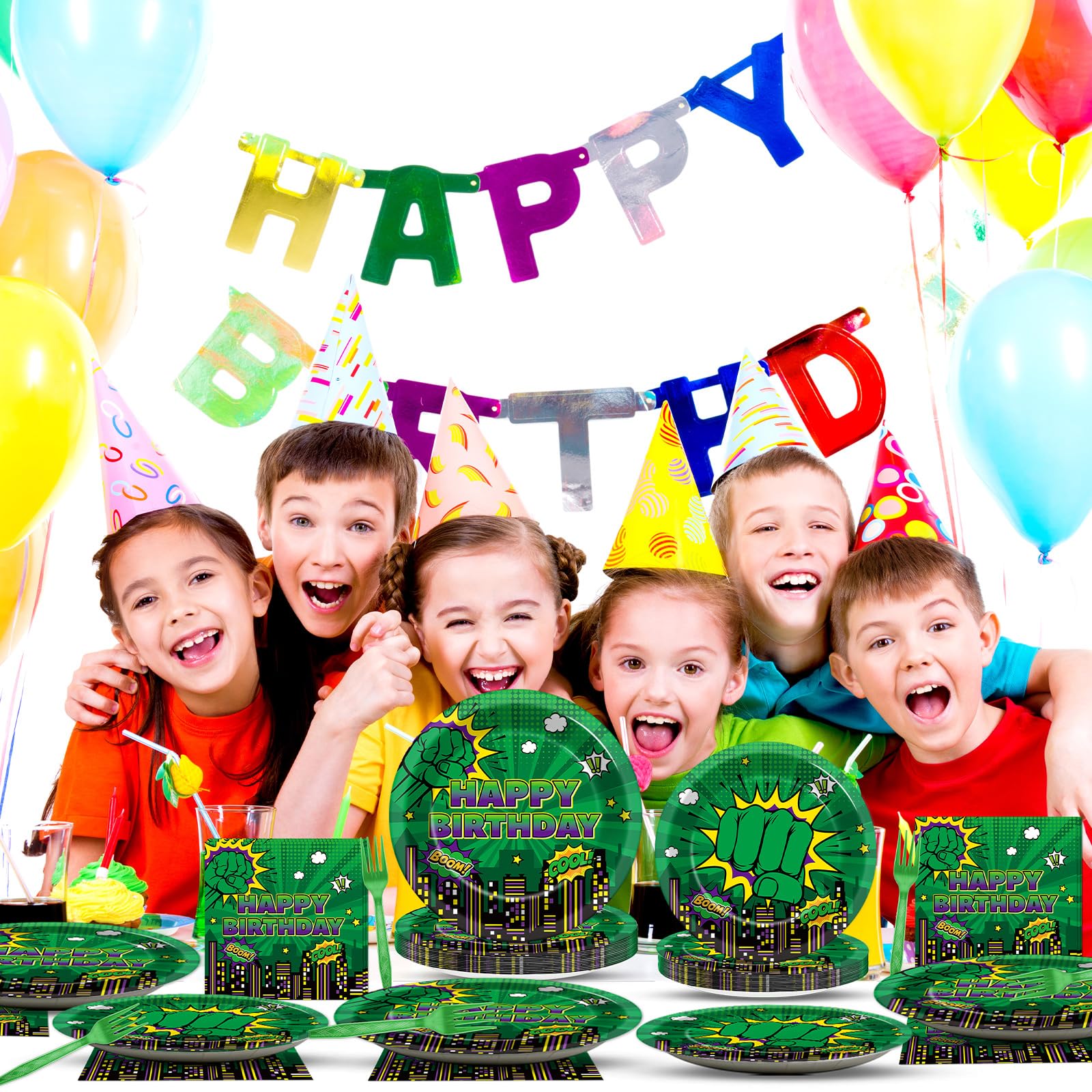 Party Greeting Green Hero tableware features Happy Birthday text for festive moments.
