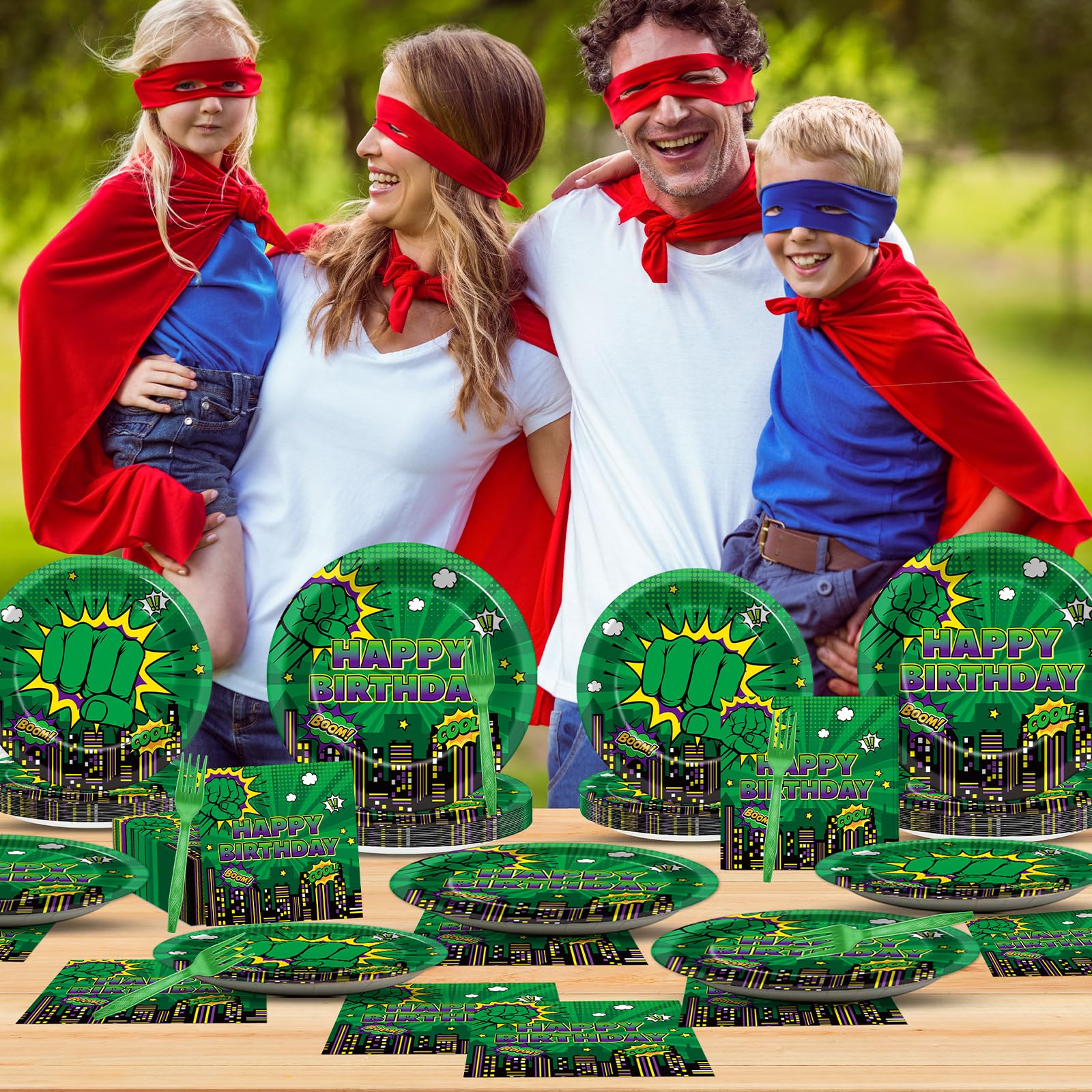Party Greeting Green Hero 96-piece set serves 24 guests with minimal cleanup.
