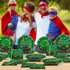 Party Greeting Green Hero 96-piece set serves 24 guests with minimal cleanup.