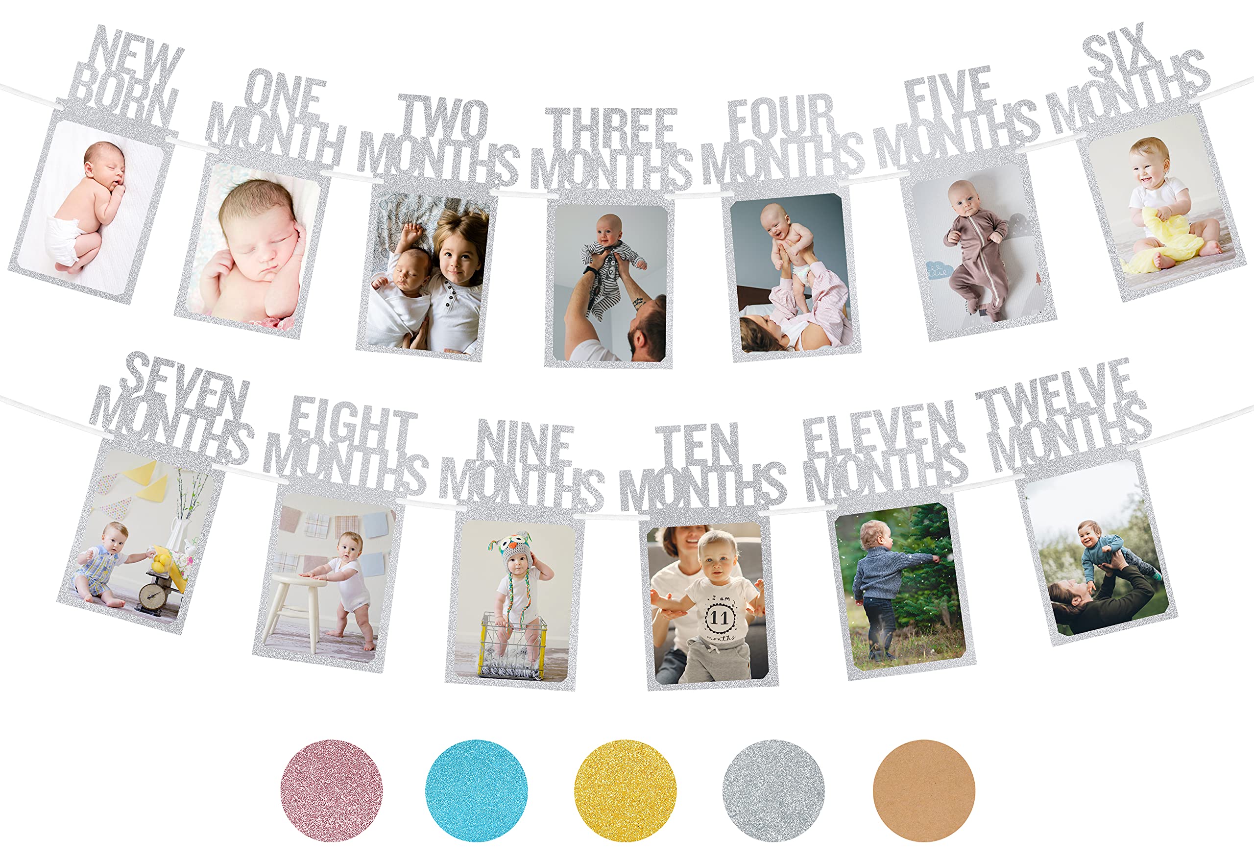 PartyHooman first birthday banner with silver frame displaying milestone photos for easy viewing.
