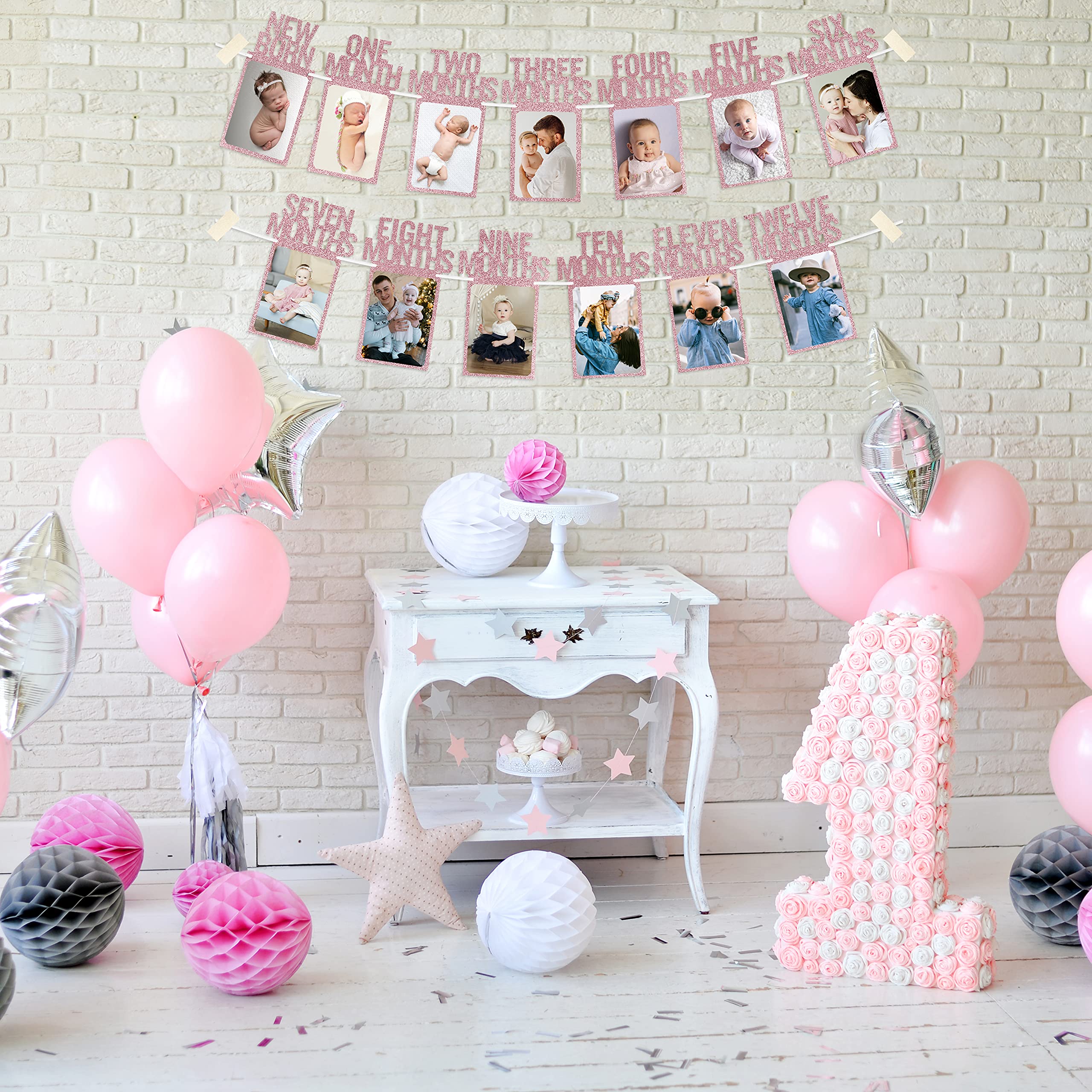 PartyHooman milestones banner covers newborn to 12 months with rose gold