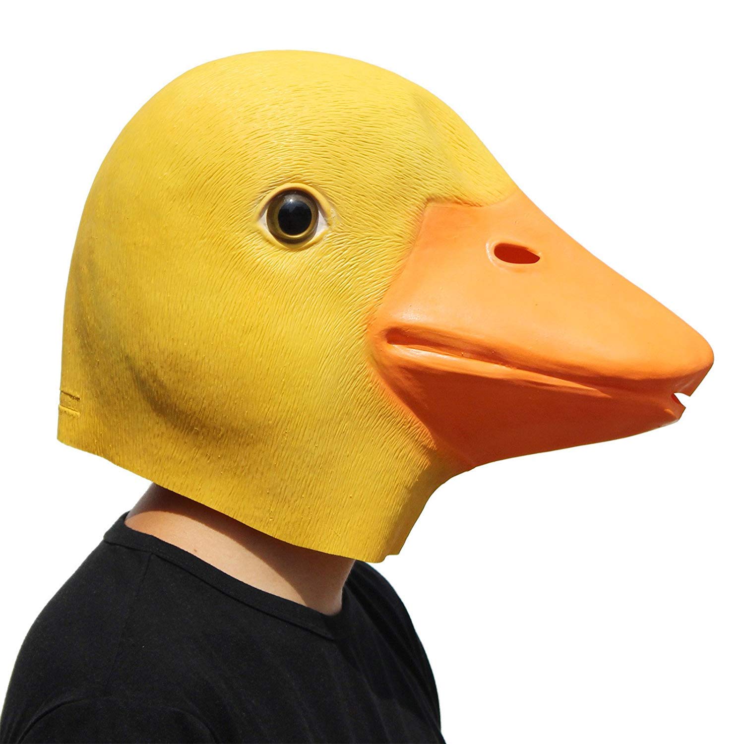Close-up of eyeholes on PartyHop Yellow Duck Mask for clear viewing during play