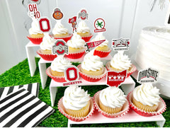 PartyKandy Ohio State toppers coordinate with tableware for a unified OSU look