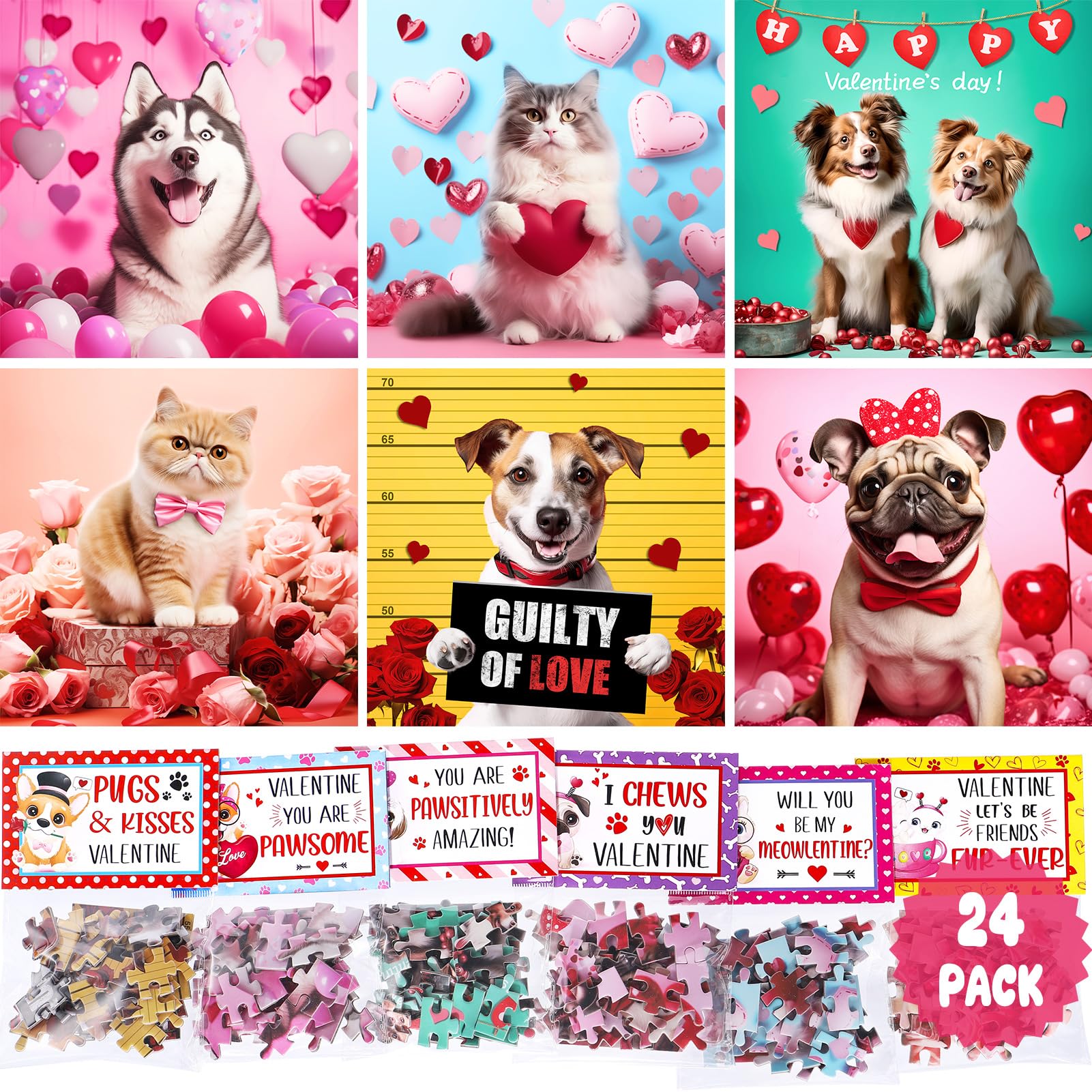 Partylamb Valentines kids puzzle set with cat and dog designs, ideal for classroom gift exchanges and coordination.