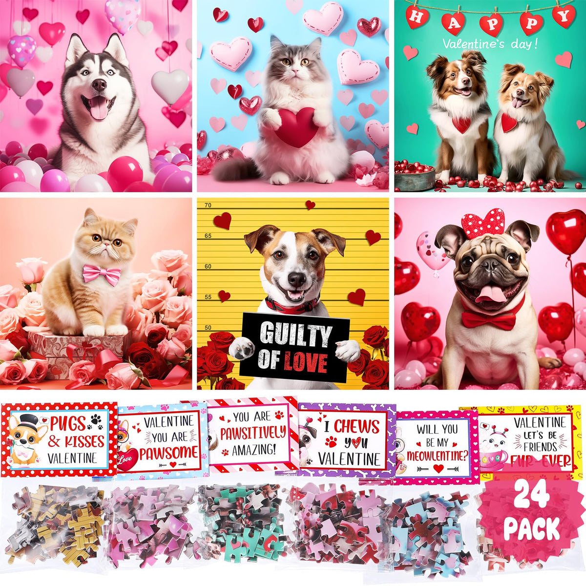 Partylamb Valentines kids puzzle set with cat and dog designs, ideal for classroom gift exchanges and coordination.