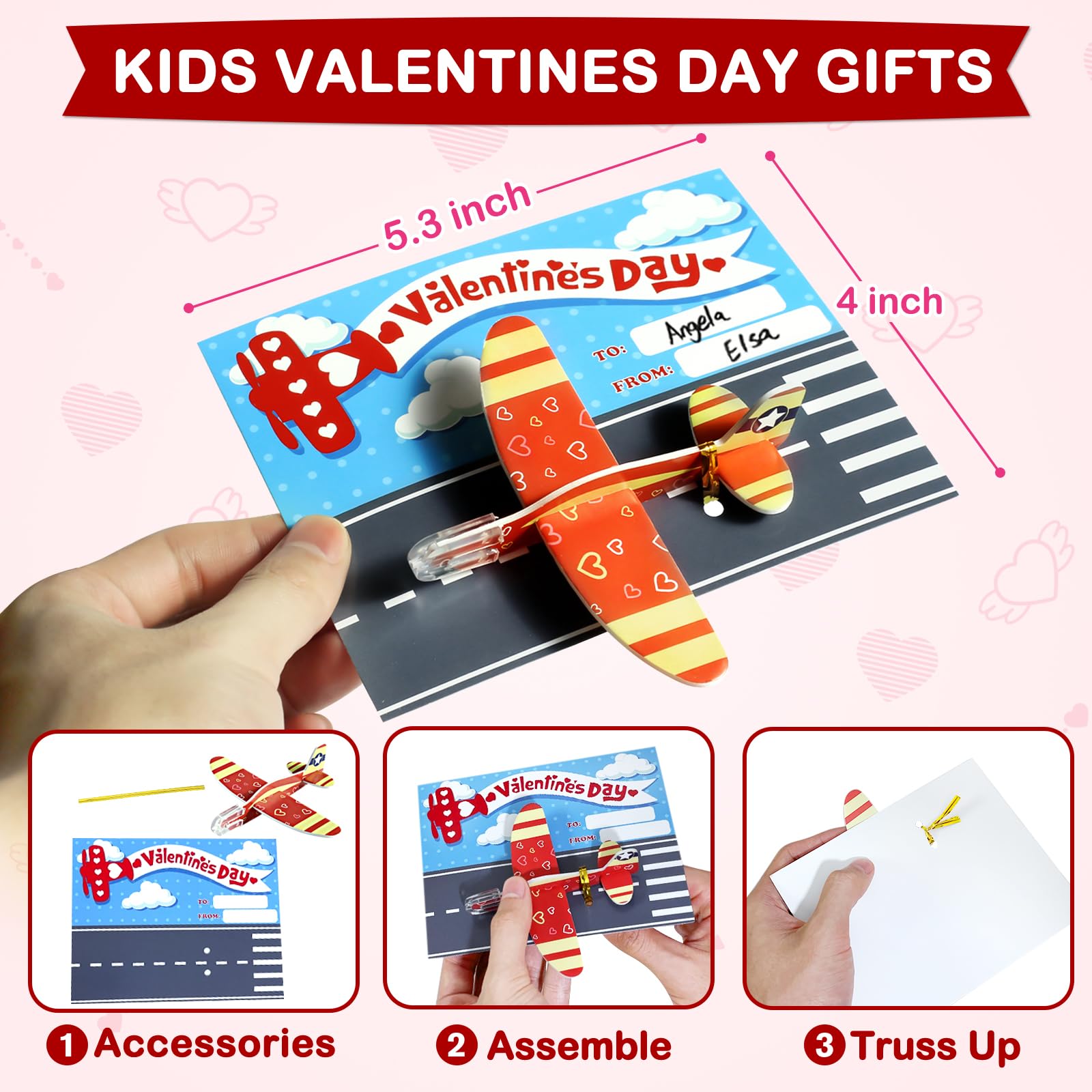 Partyloud valentines card with gold wire securing airplane attachment