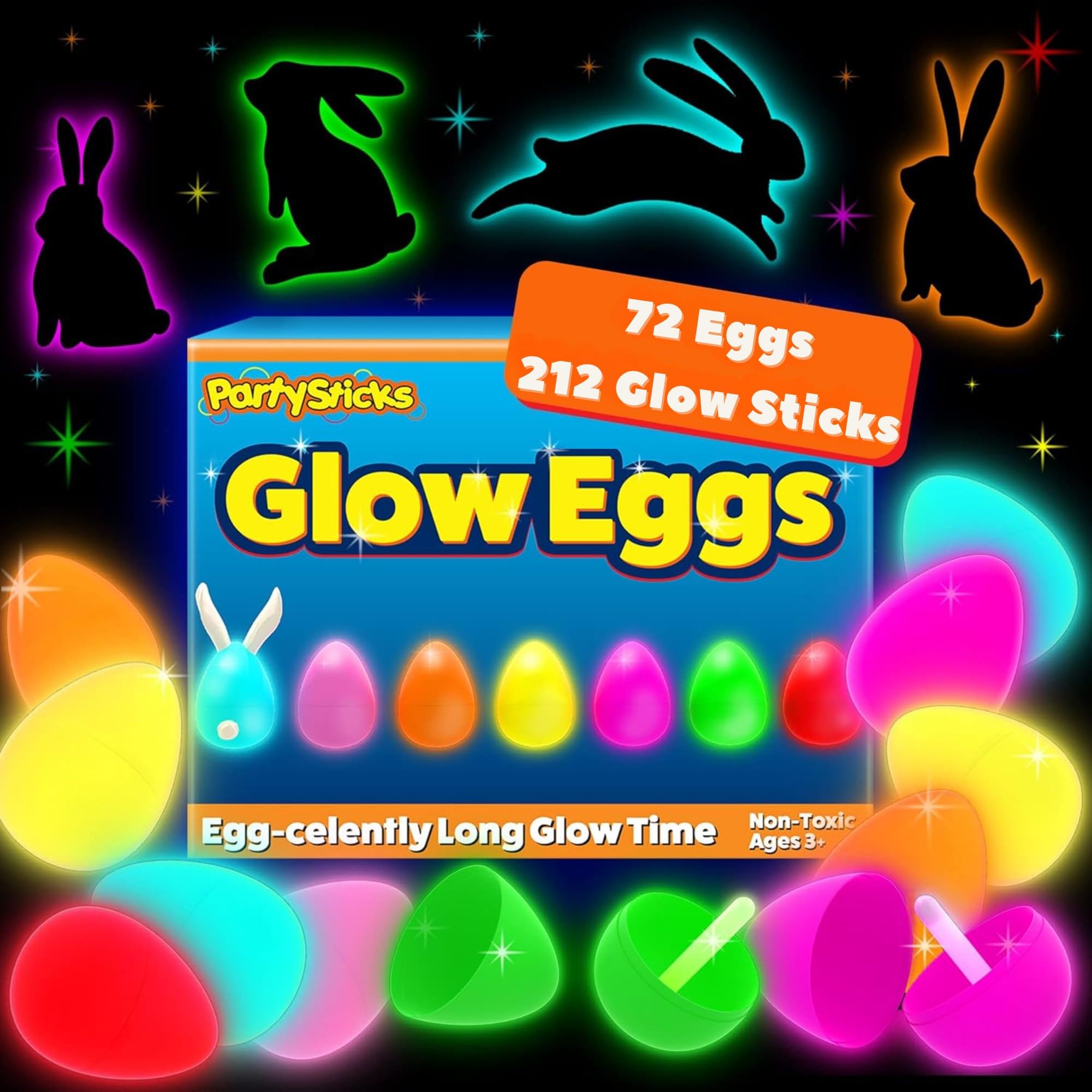 PartySticks 72 glow Easter eggs illuminate indoor hunts with vivid color