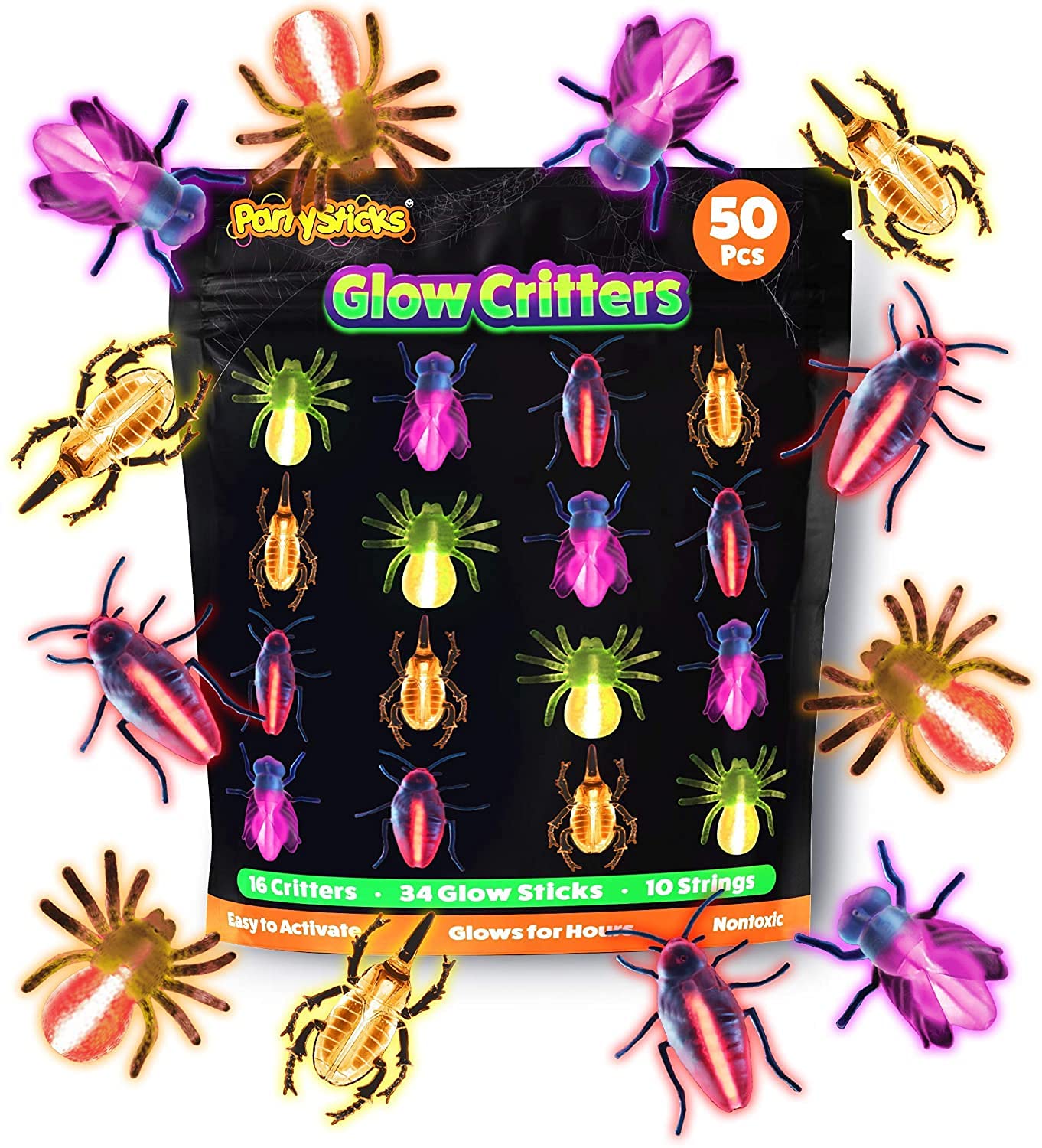 PartySticks Glow Critters pack with glow-in-the-dark bug toys for fun Halloween party favors.
