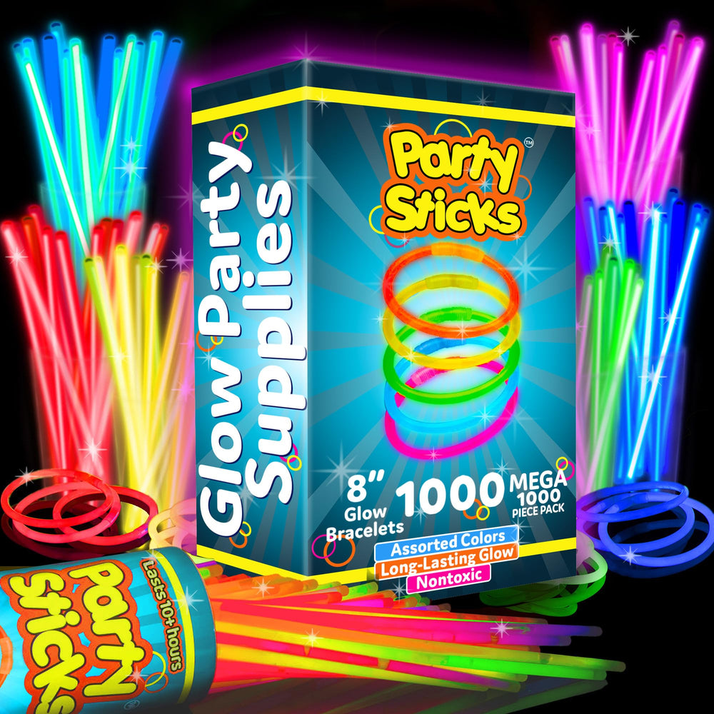 PartySticks glow sticks 1000-pack in vibrant colors for party decorations and safe evening fun.