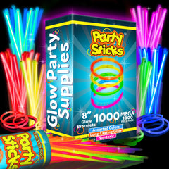 PartySticks glow sticks 1000-pack in vibrant colors for party decorations and safe evening fun.