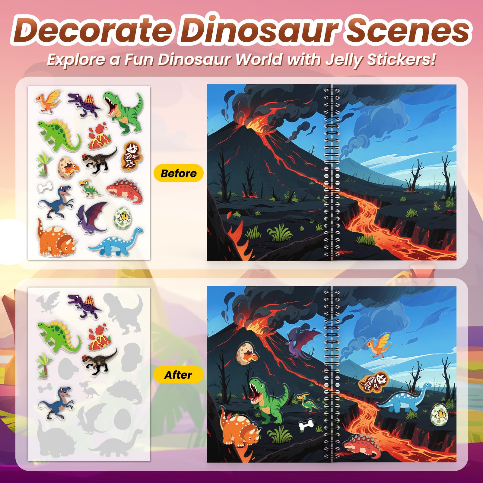 PARTYWIND sticky adhesive keeps dinosaur stickers secure on pages and smooth surfaces