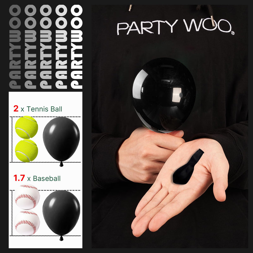 PartyWoo 100-pack black latex balloons ready for party decorations and centerpieces.