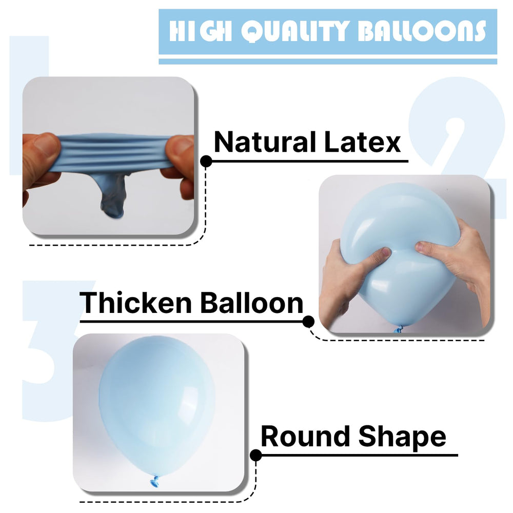 PartyWoo baby blue balloons closeup showing consistent color and smooth necks.