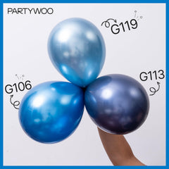 PartyWoo close-up of metallic blue balloon with shiny finish.