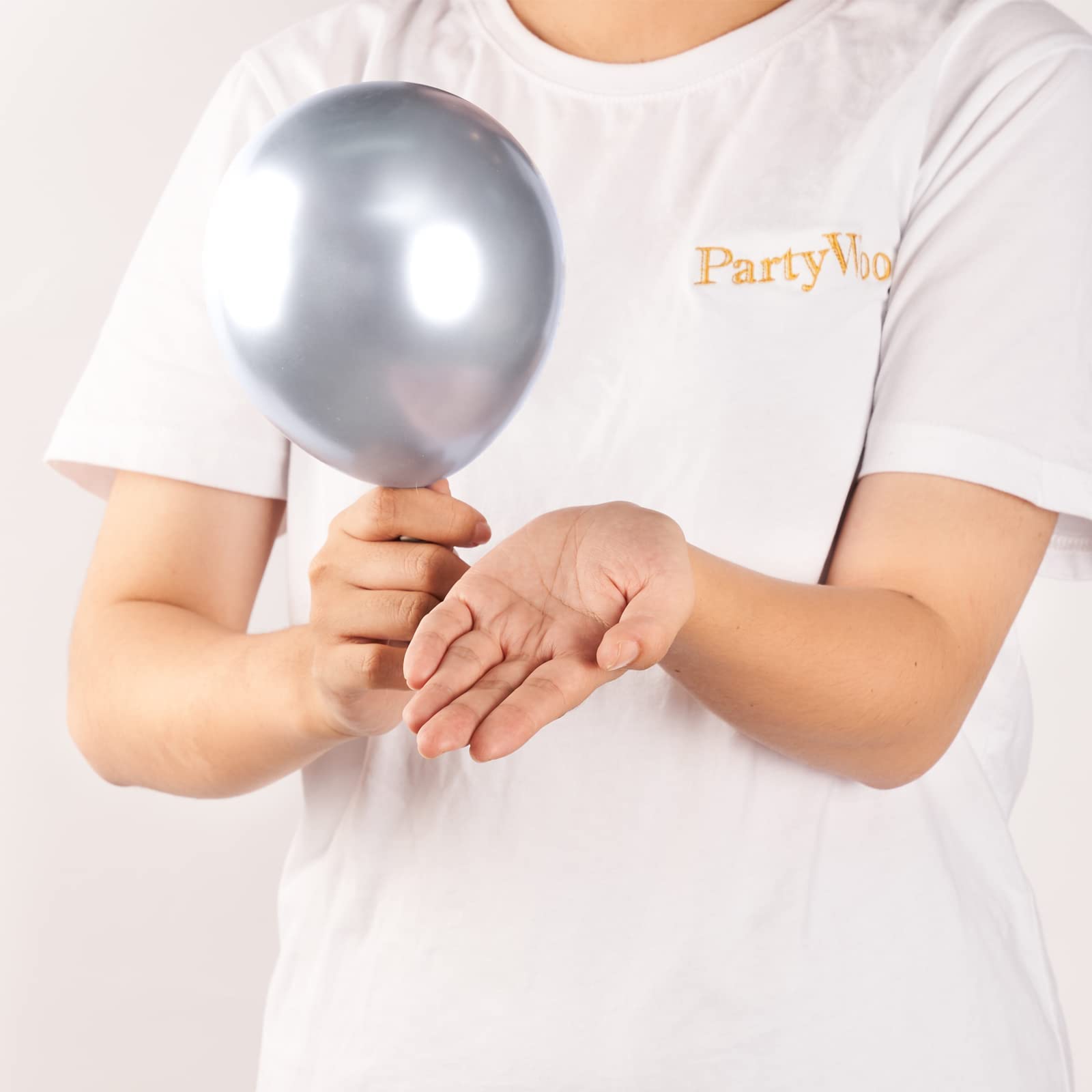 PartyWoo balloon garland idea shows silver balloons for elegant arches