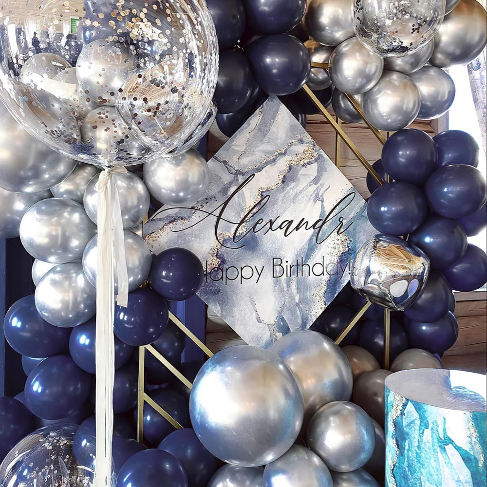 PartyWoo navy blue balloons decorate birthday party spaces