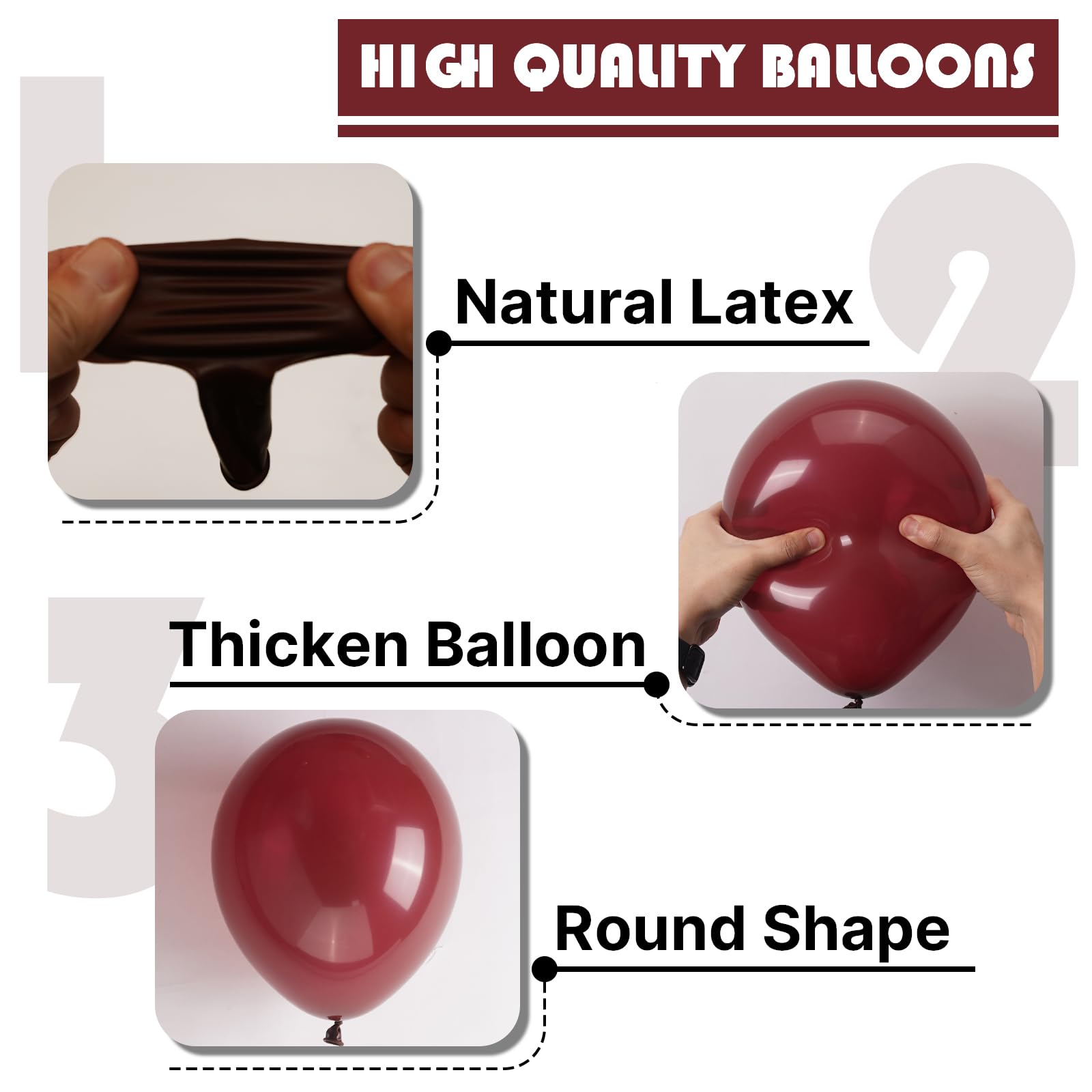 PartyWoo burgundy balloons care guide with inflation tips.