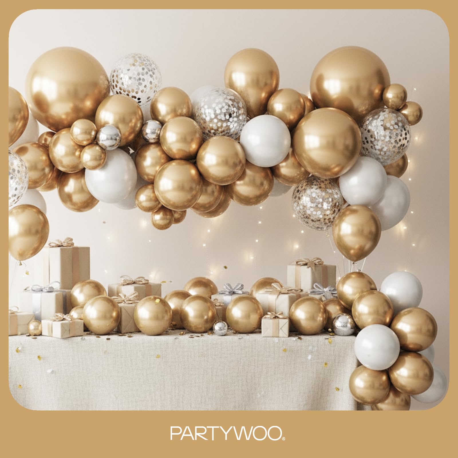PartyWoo gold balloon arch kit creates a chic backdrop for events