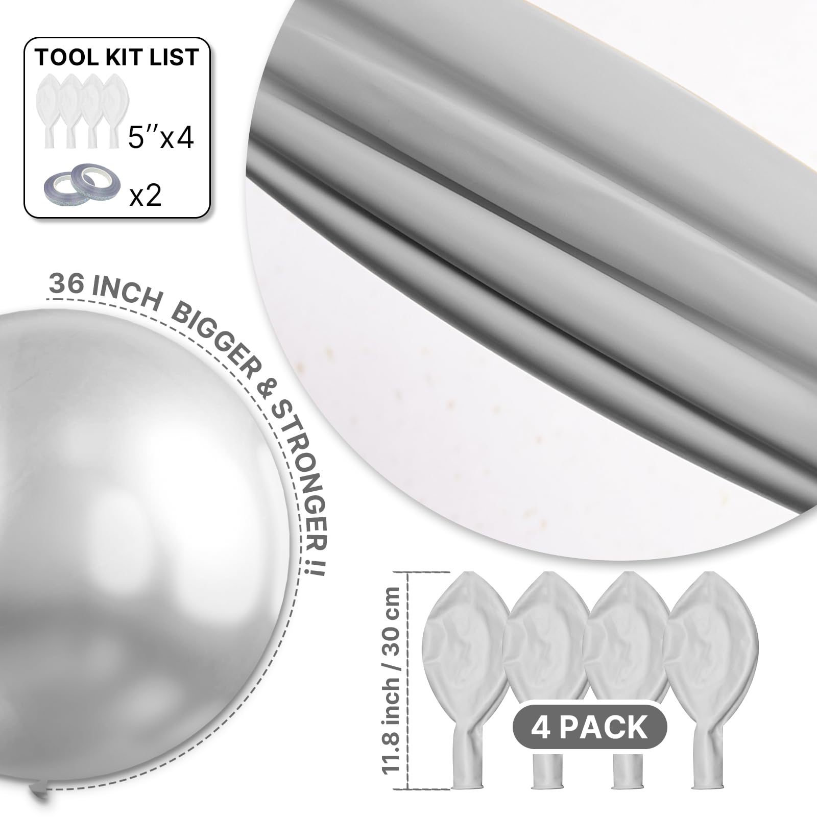 PartyWoo thick latex silver balloon stands up for durable arch garlands.
