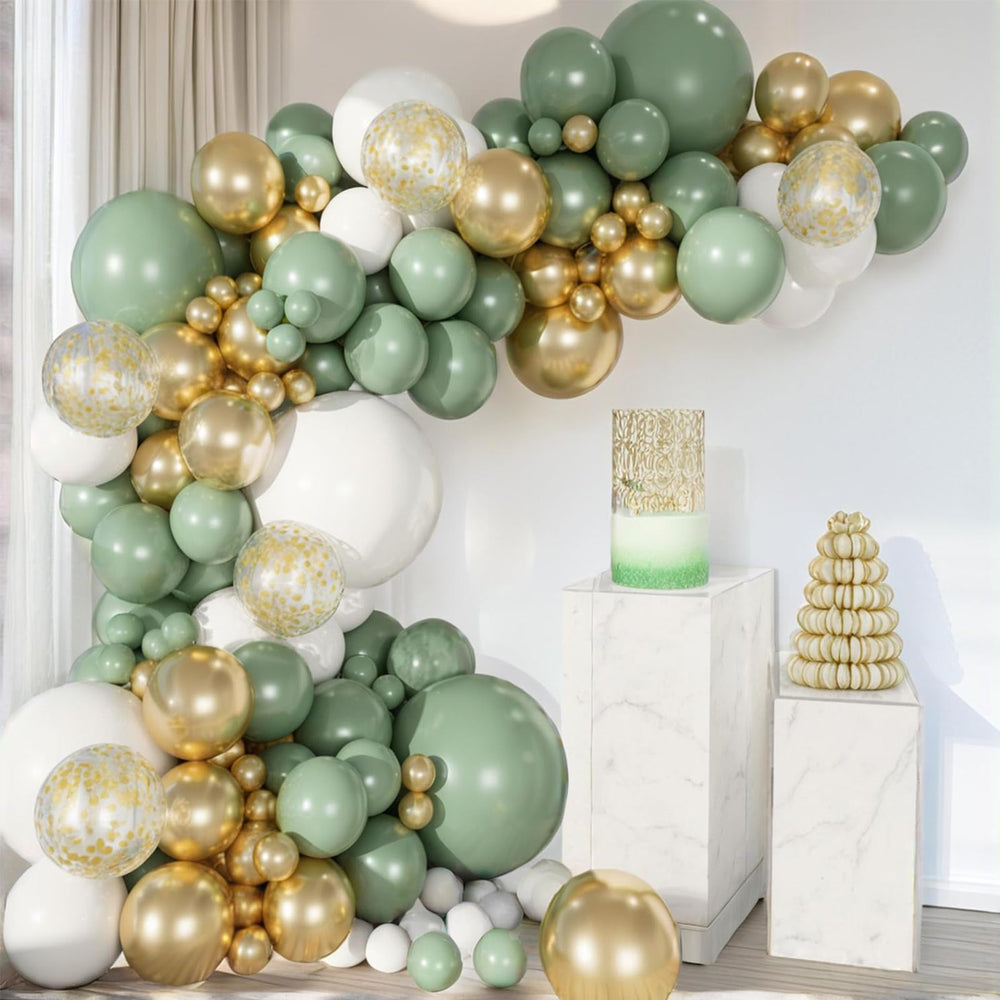 PartyWoo green and gold arch kit setup with assorted balloons for elegant events.