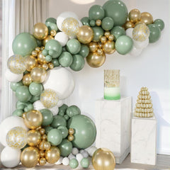 PartyWoo green and gold arch kit setup with assorted balloons for elegant events.