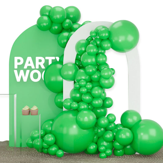 PartyWoo green balloons arch kit set up for a vibrant birthday backdrop.