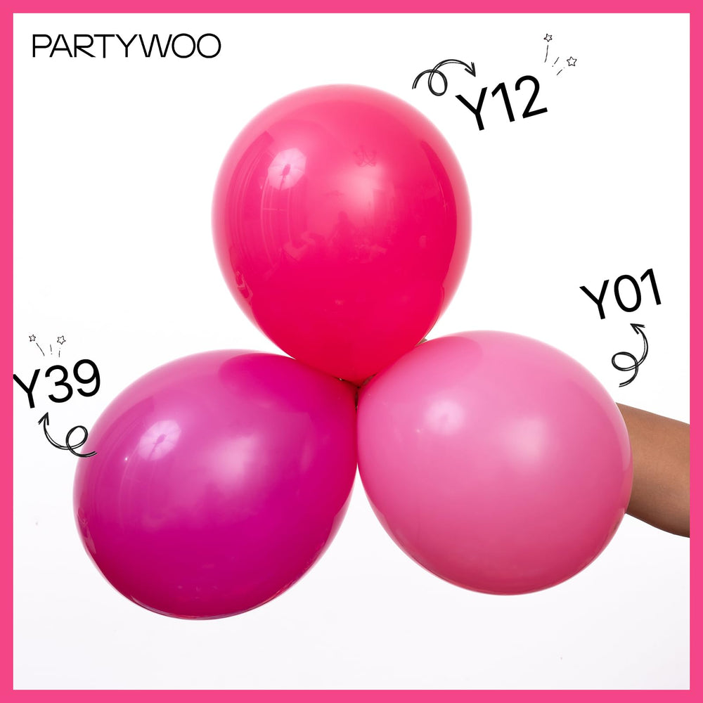 PartyWoo hot-pink 5-inch balloons accent clusters for festive decor.