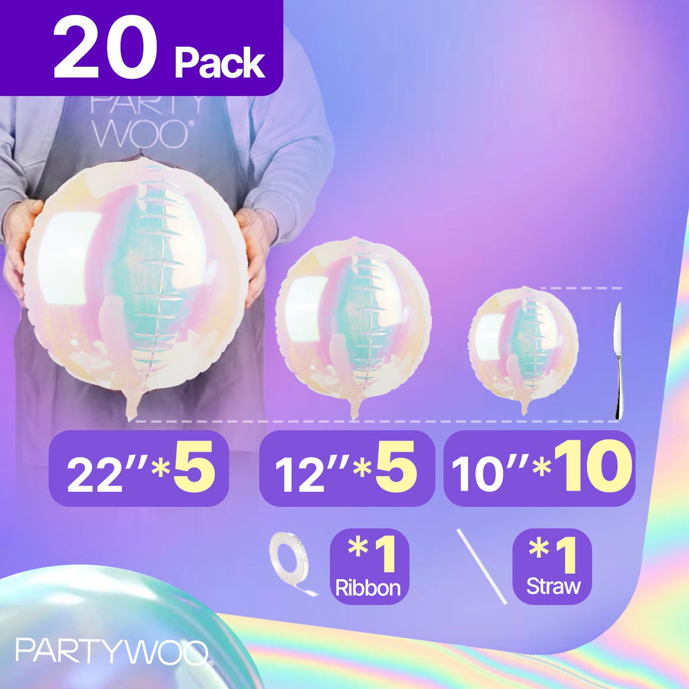 PartyWoo iridescent foil balloon texture close-up hints at party-ready shine.