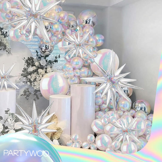 PartyWoo 12-inch iridescent balloons add bold color to birthday setups.