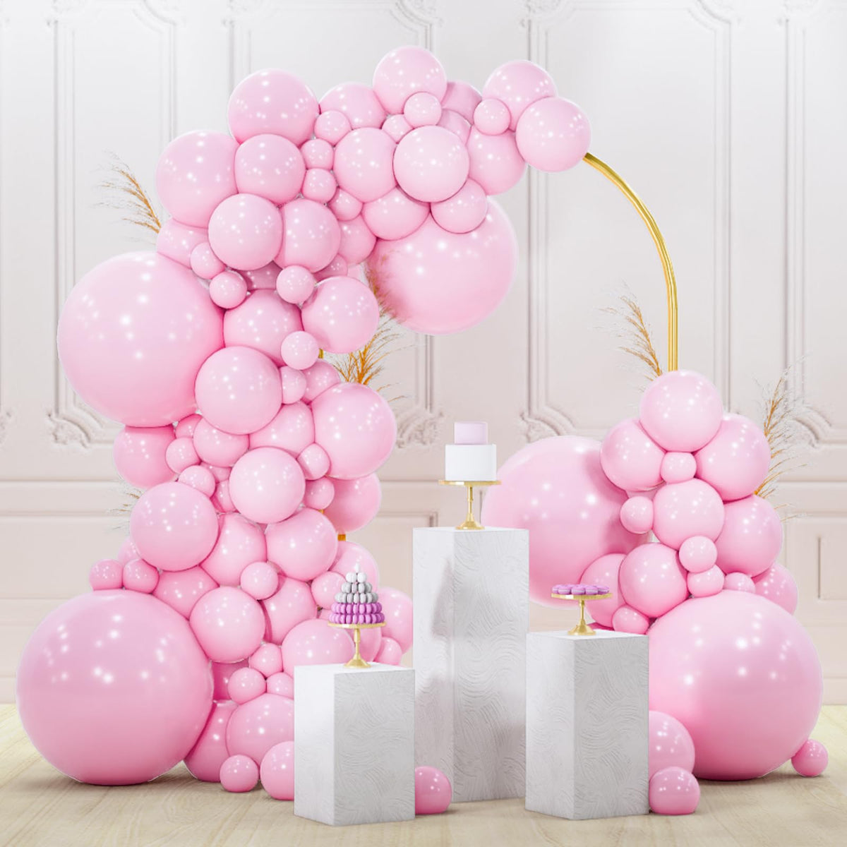 PartyWoo pink balloons arch kit for baby showers and gender reveals, ideal for festive garlands.