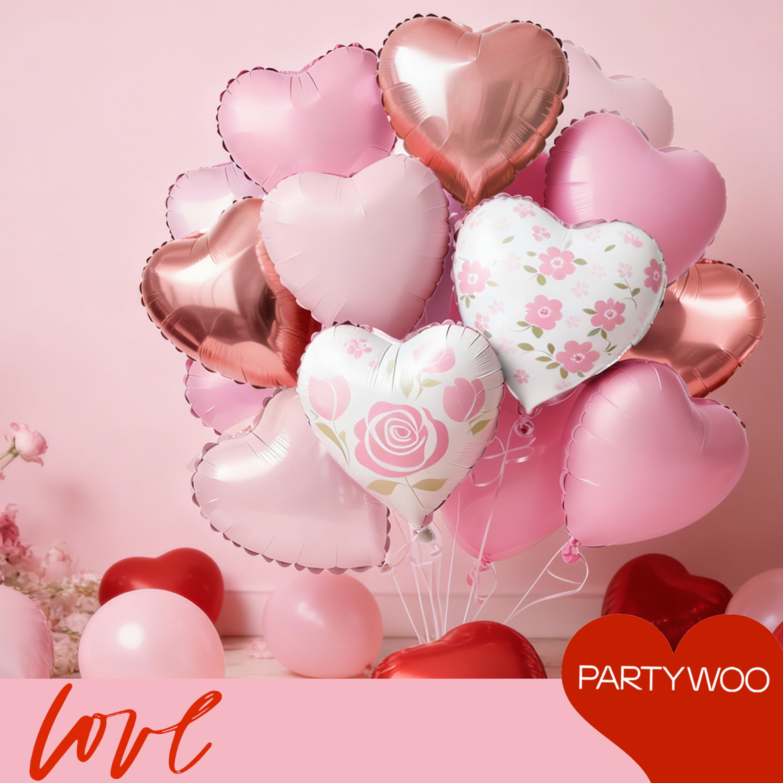 PartyWoo rose gold heart 18in foil balloons evoke romance and create festive poses.