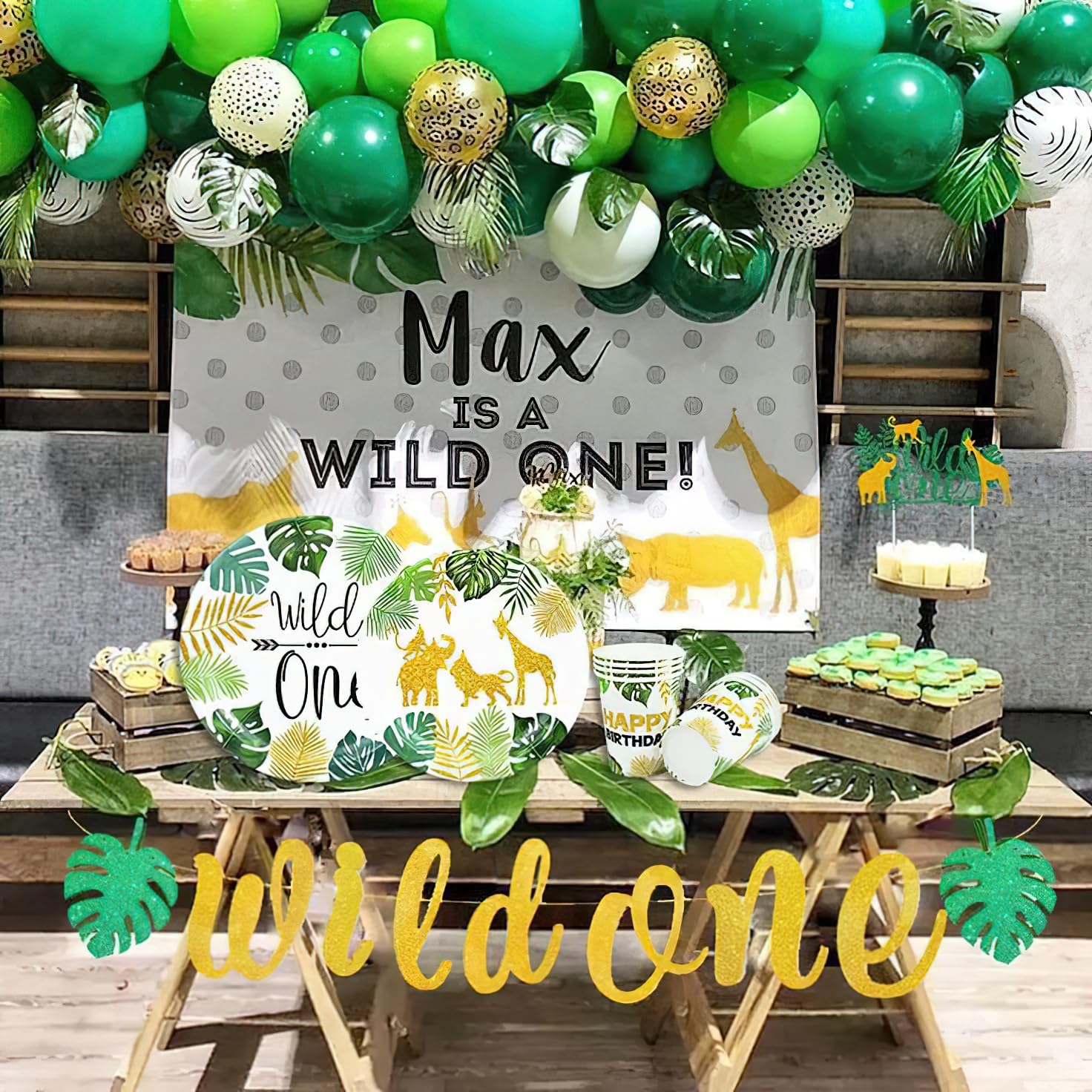 PartyWoo safari-themed green balloons for jungle party ideas.