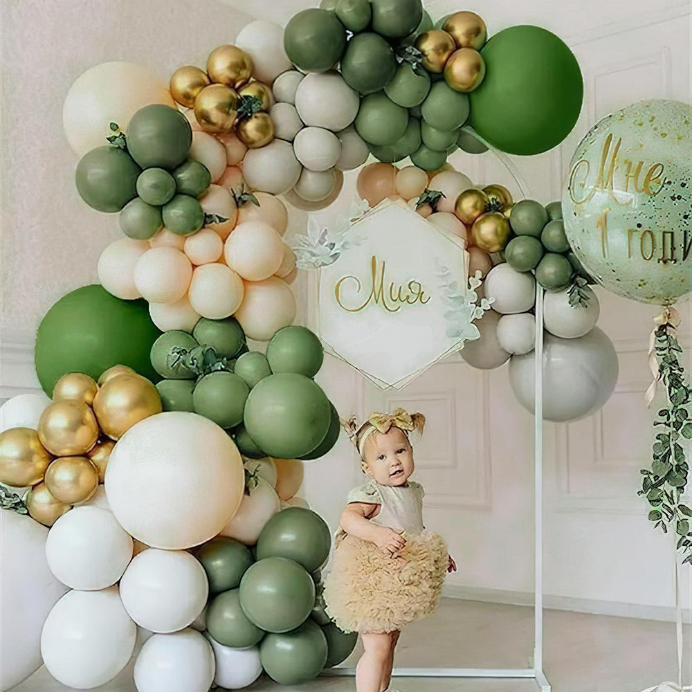 PartyWoo Sage Green balloon arch kit visualizes lush jungle-inspired decorating ideas.