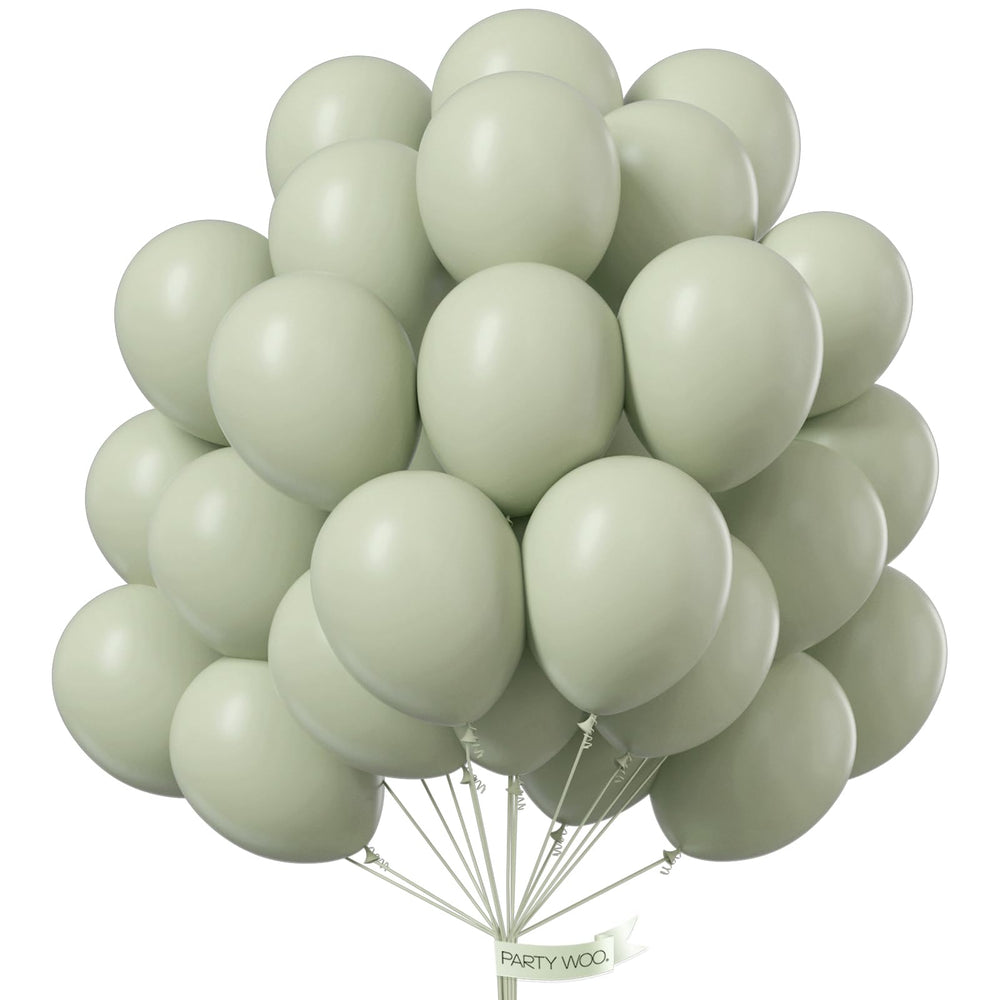 PartyWoo Sage Green Balloons 50pcs 12in for vibrant wedding decor and photo backdrops.