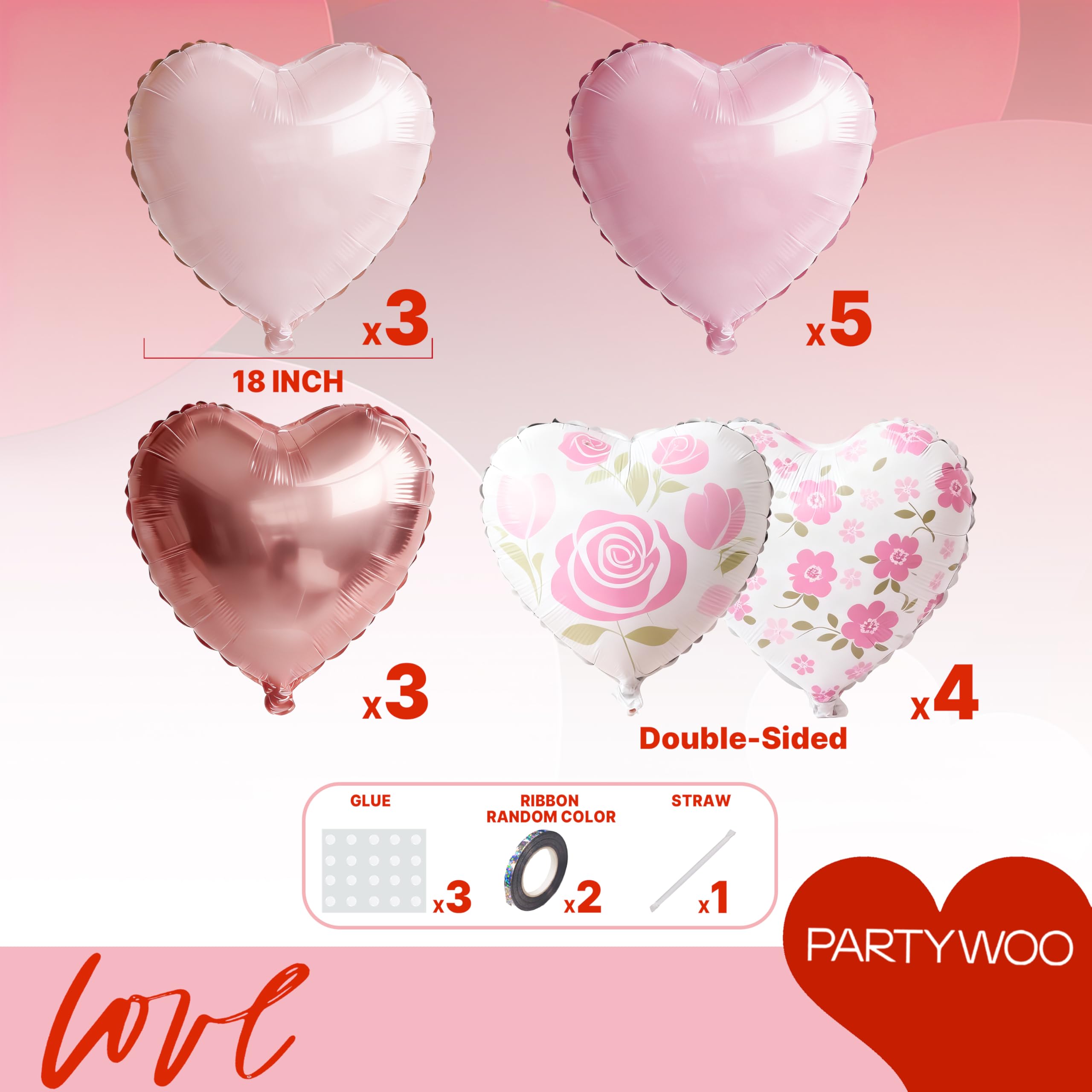 PartyWoo setup-ready foil heart balloons 18in provide quick, reusable decoration.