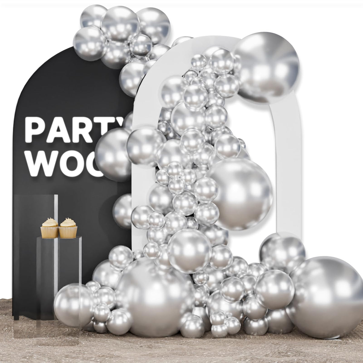 PartyWoo arch-kit shows quick, eye-catching arch decor with silver balloons.