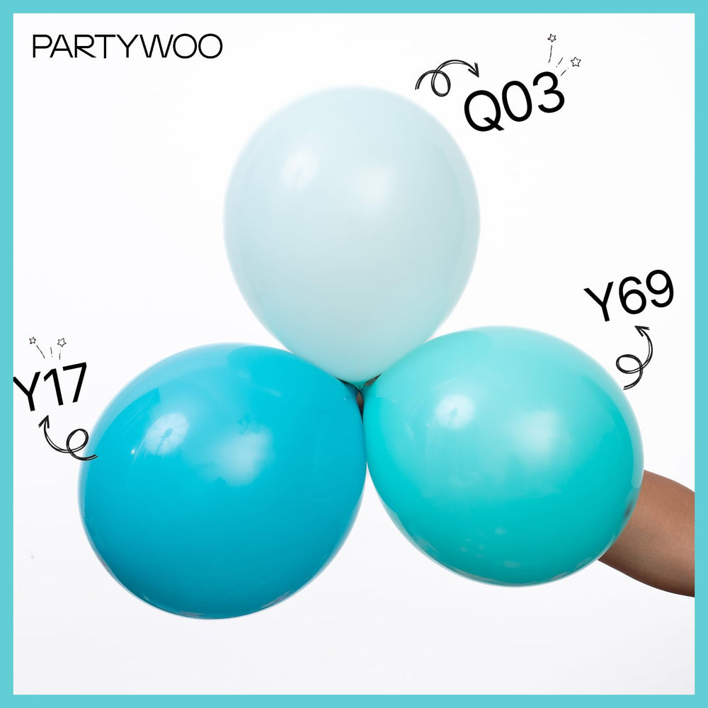 PartyWoo teal balloons safety guidance to prevent overfill and damage.