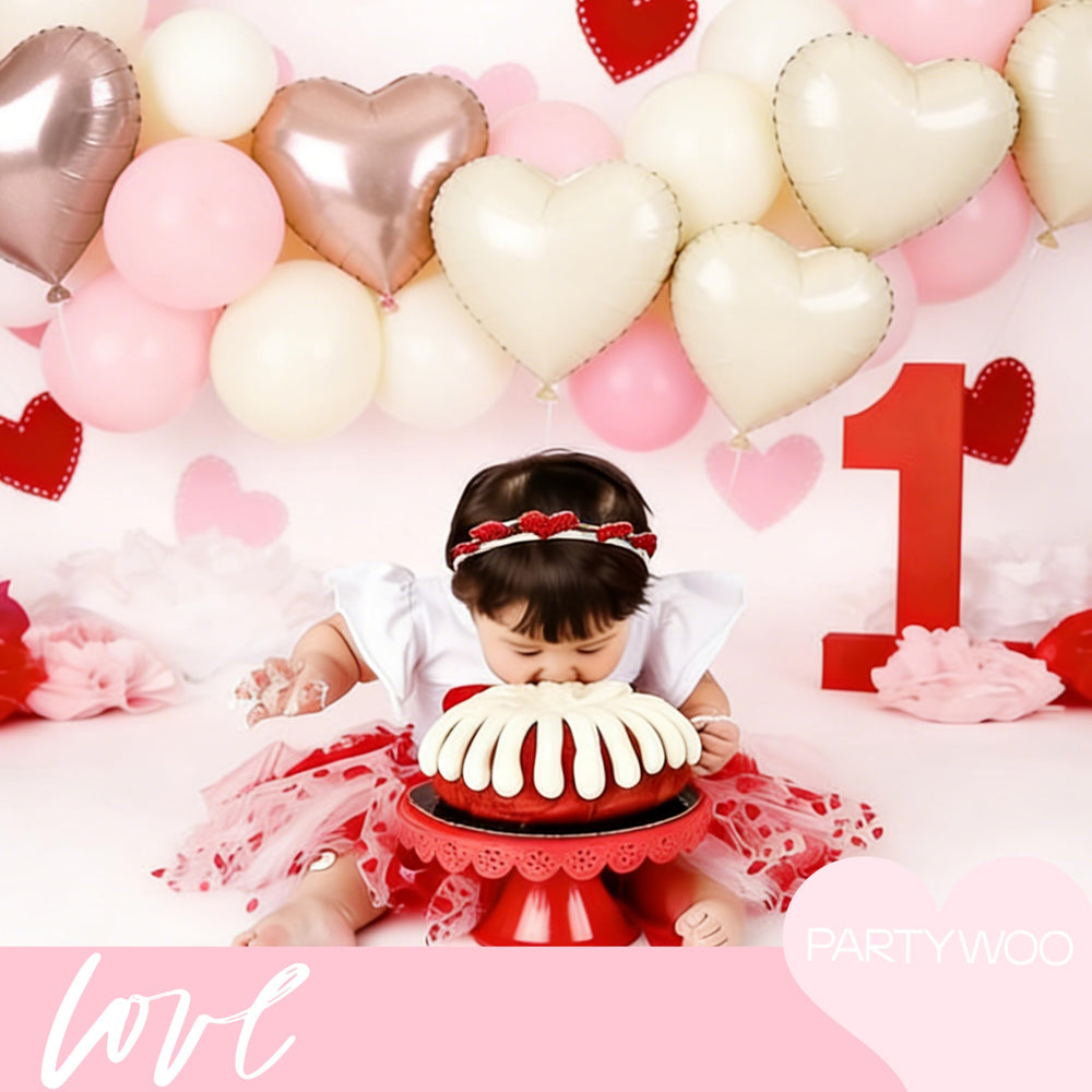 PartyWoo pink heart foil balloons with rose gold accents highlight Valentine’s Day celebrations