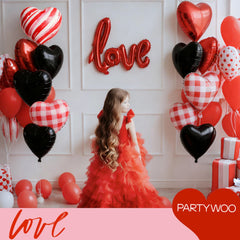 PartyWoo black heart foil balloons add bold contrast for elegant Valentine setups.