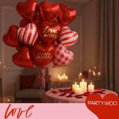 PartyWoo checkered red heart balloons add festive flair to engagements and anniversaries.