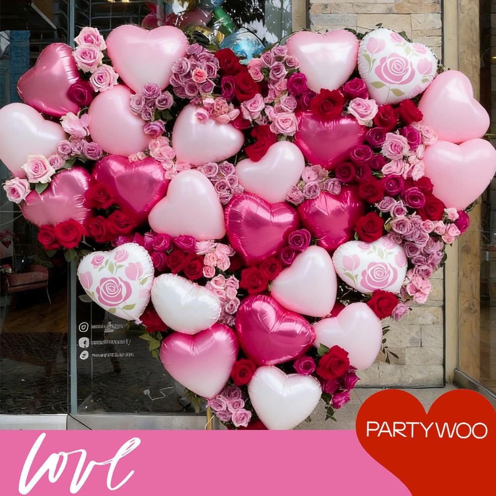 PartyWoo Valentine balloons packaging shows included pieces and quick setup