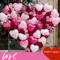PartyWoo Valentine balloons packaging shows included pieces and quick setup