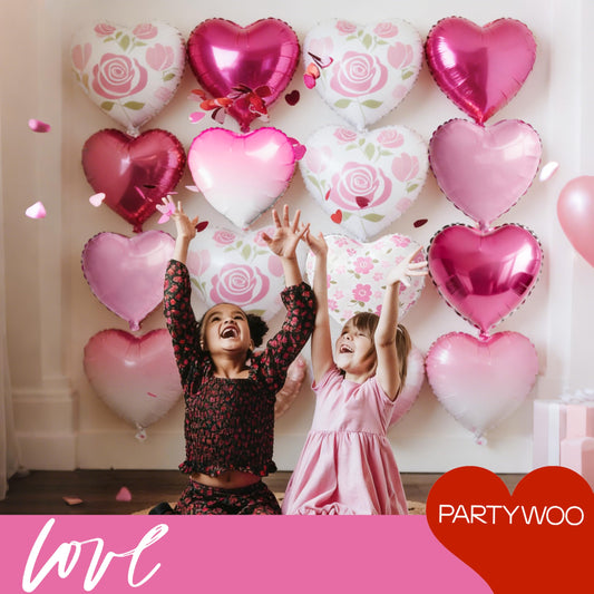 PartyWoo rose-print heart balloons add romantic accents for proposals and anniversaries