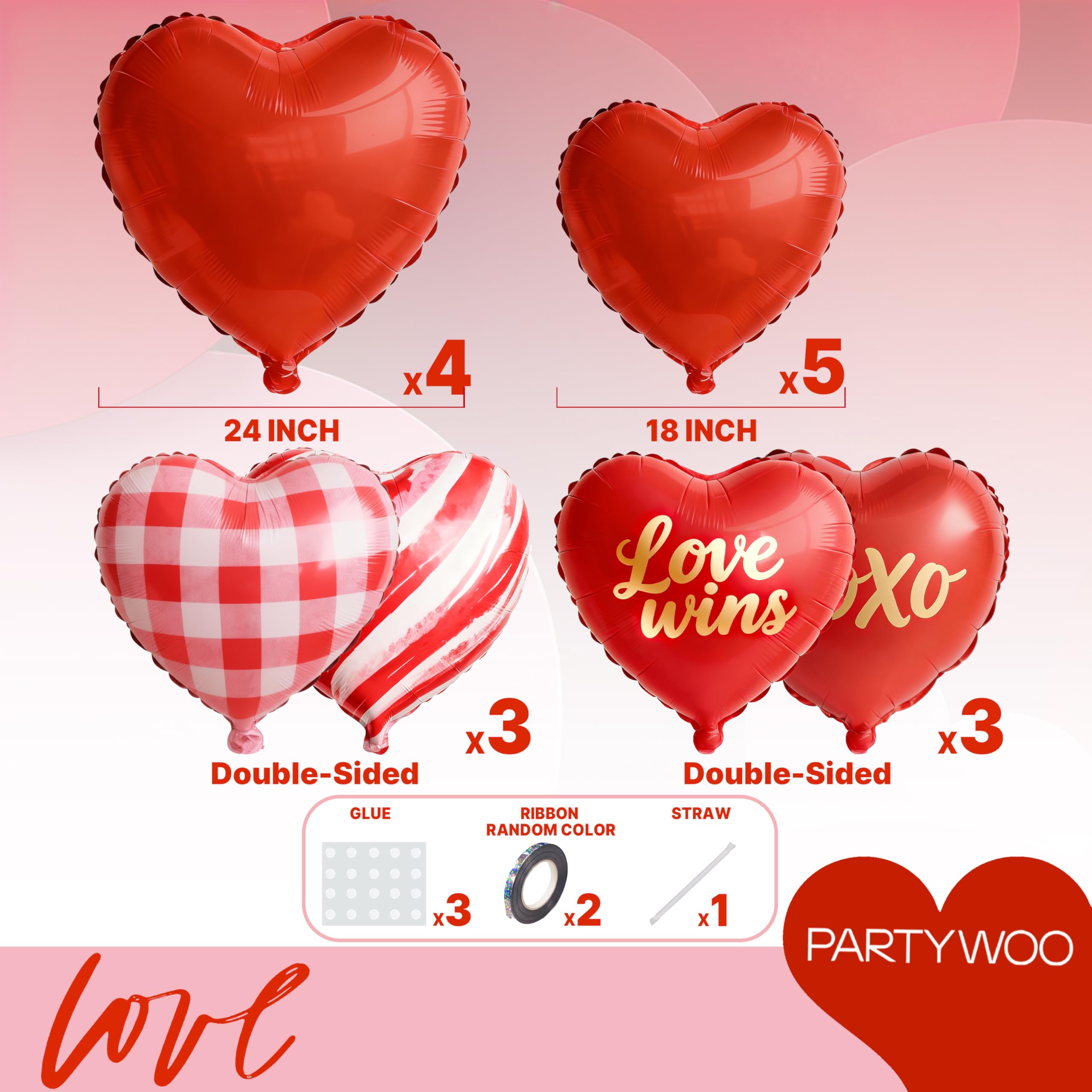PartyWoo Valentine decor 24in heart balloons boost color and mood