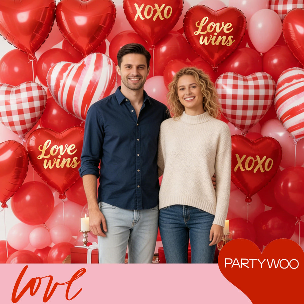 PartyWoo XOXO Love Wins 18in red heart balloons elevate romantic celebrations