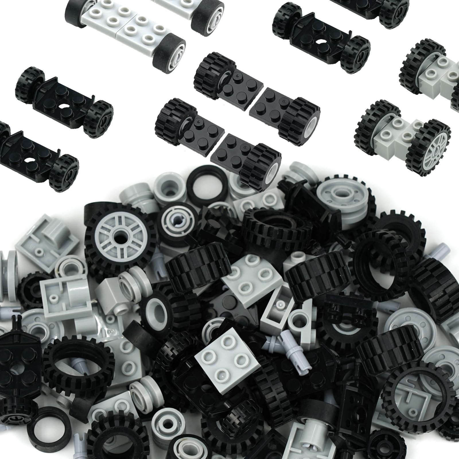 Pasacho wheels set enables easy rolling builds for kids' car projects.